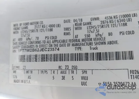 2018 Ford F-250 Xl из США, поврежденный, VIN 1FT7W2B62JEC23574